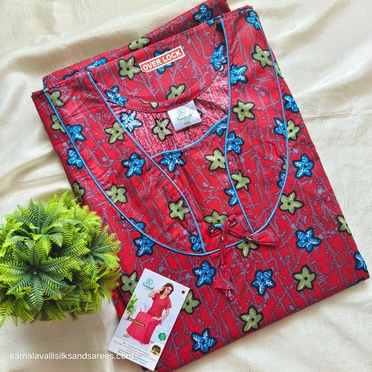 Cotton Nighty red colour with blue and green colour print