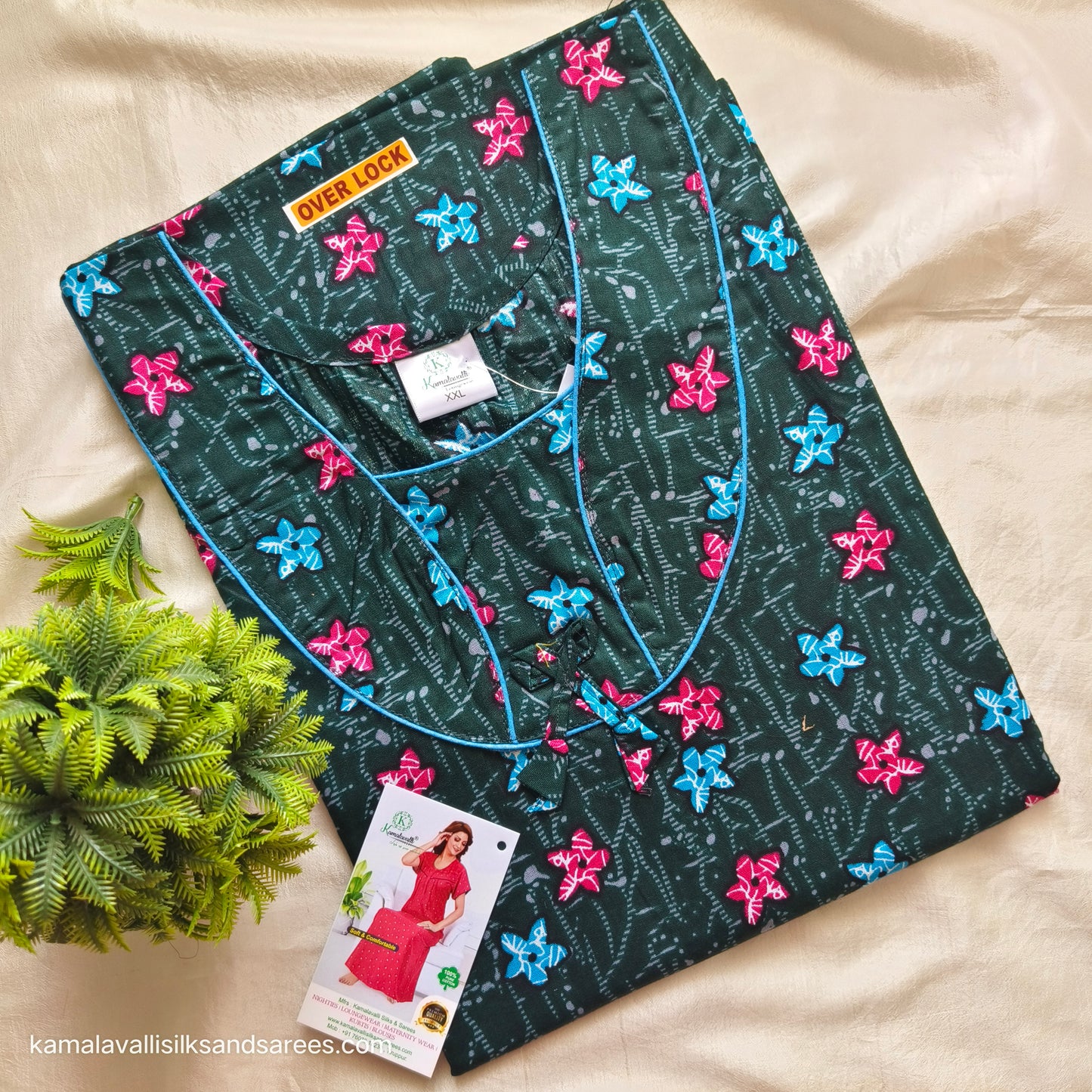 Cotton Nighty bottle green colour with sky blue and pink colour print
