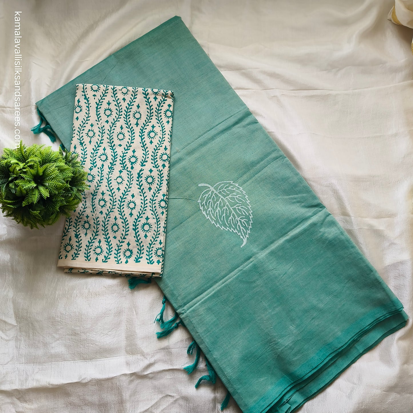 South Cotton Mix Block Printed Saree Pastel Mint Green Colour with mint green colour and white contrast blouse