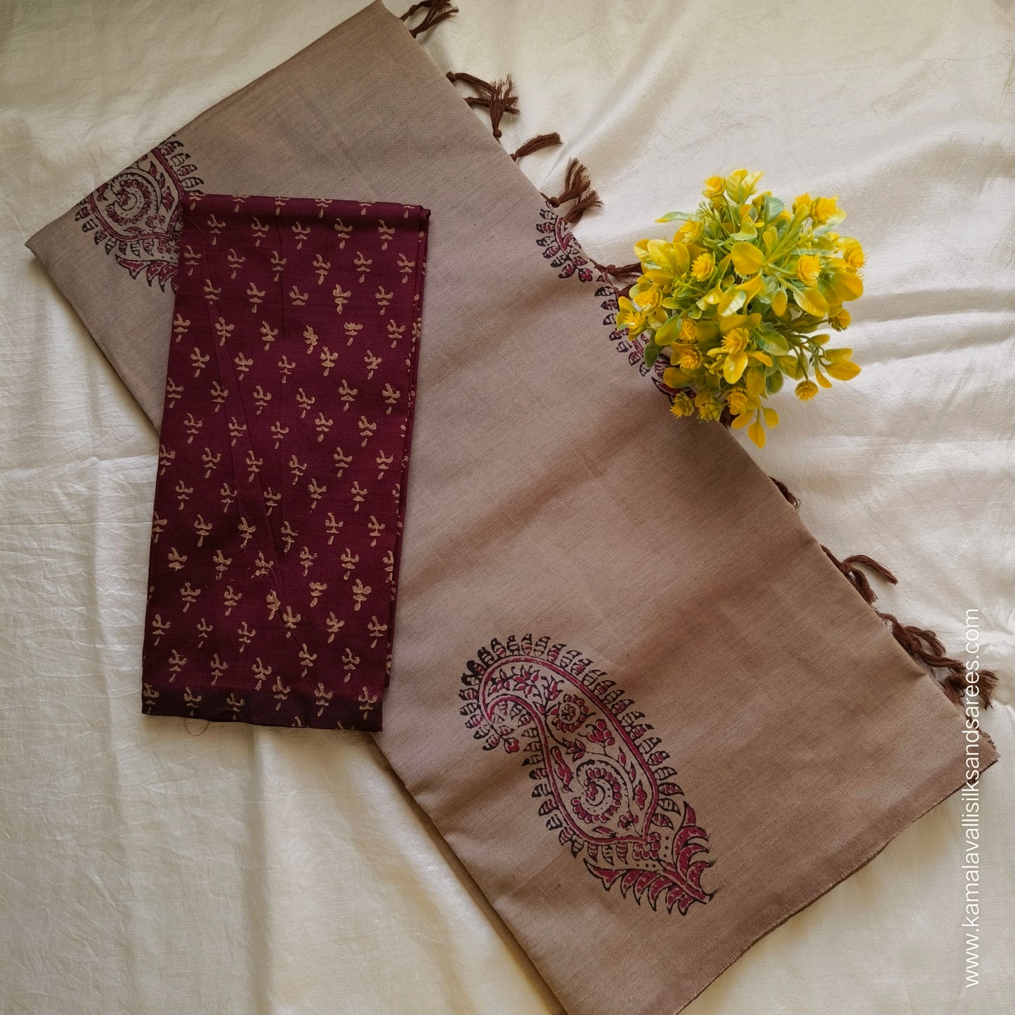 South Cotton Mix Block Printed Saree Cinerious colour with Brown colour contrast blouse