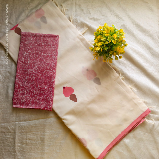 South Cotton Mix Block Printed Saree Floral White colour with midddle Red Purple contrast blouse