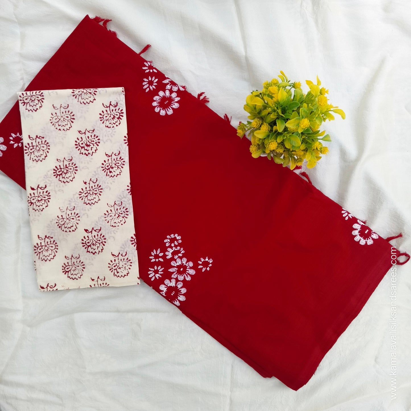 South Cotton Mix Block Printed Saree Red colour with White Colour blouse