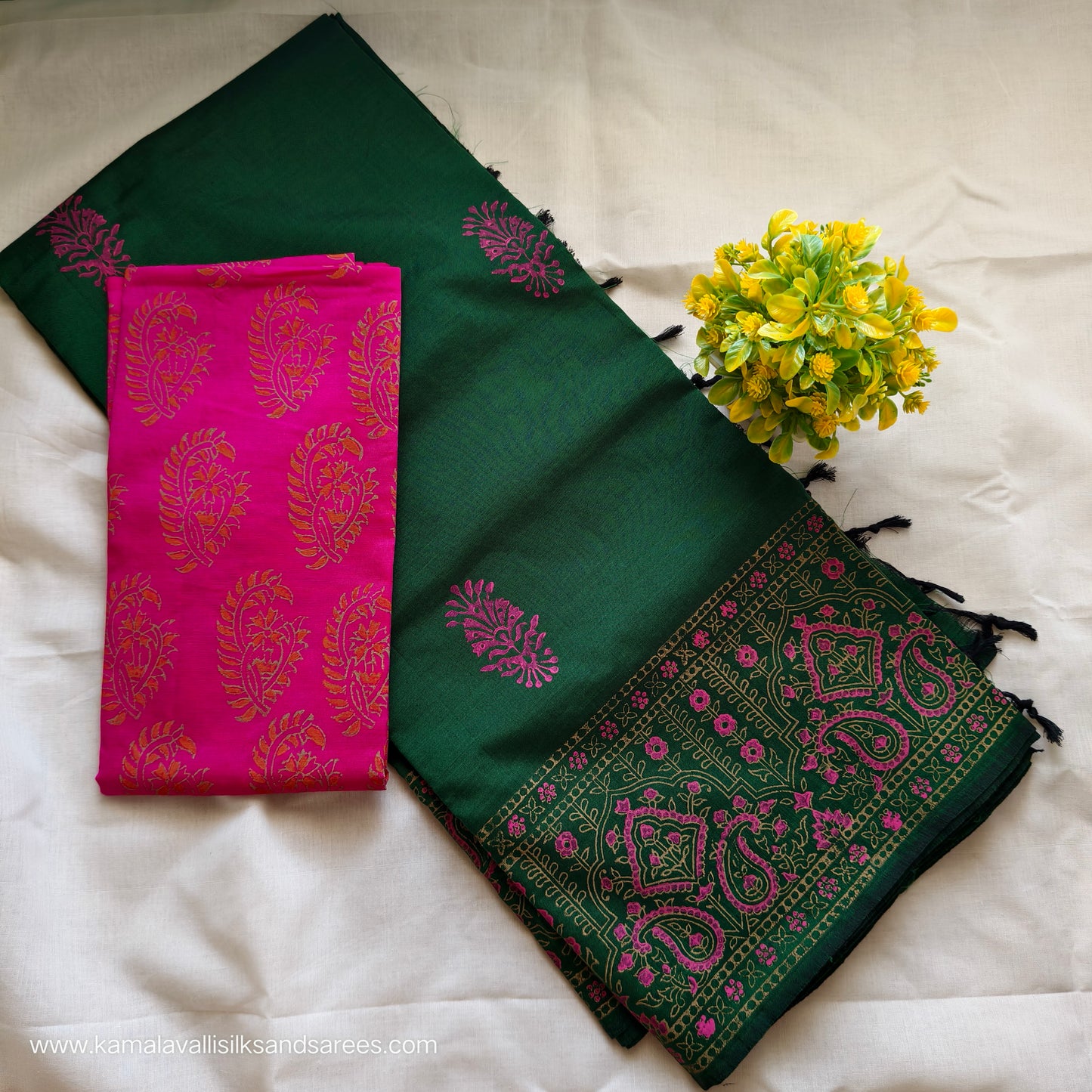 South Cotton Mix hand Block Printed Saree Green colour with Rose colour blouse