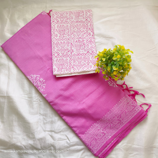 South Cotton Mix Block Printed Saree Pink colour with White Colour Contrast blouse