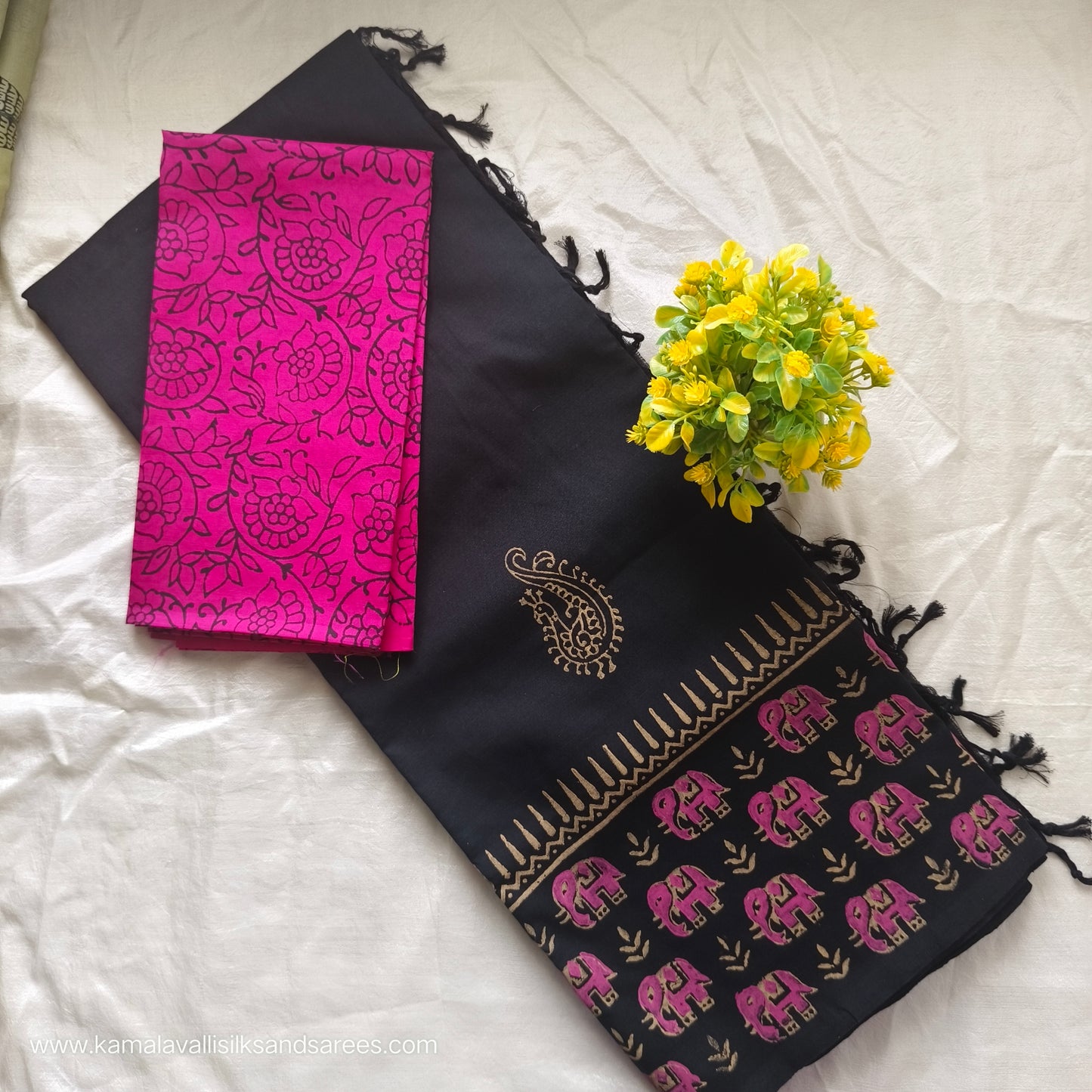 South Cotton Mix Block Printed Saree Black Colour with Rose colour contrast blouse