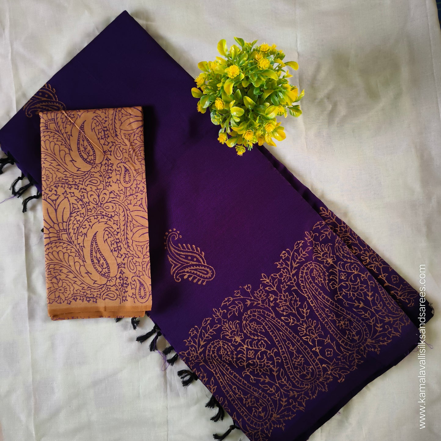 South Cotton Mix Block Printed Saree Purple colour with sandal colour blouse