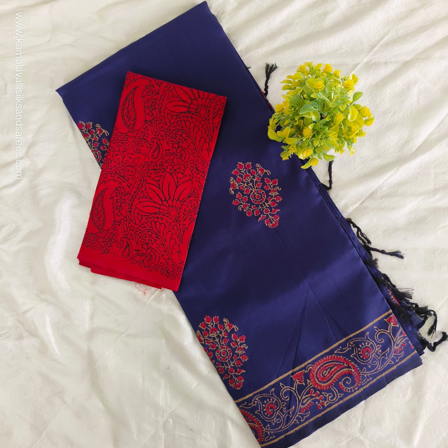 South Cotton Mix Block Printed Saree Blue colour with contrast blouse