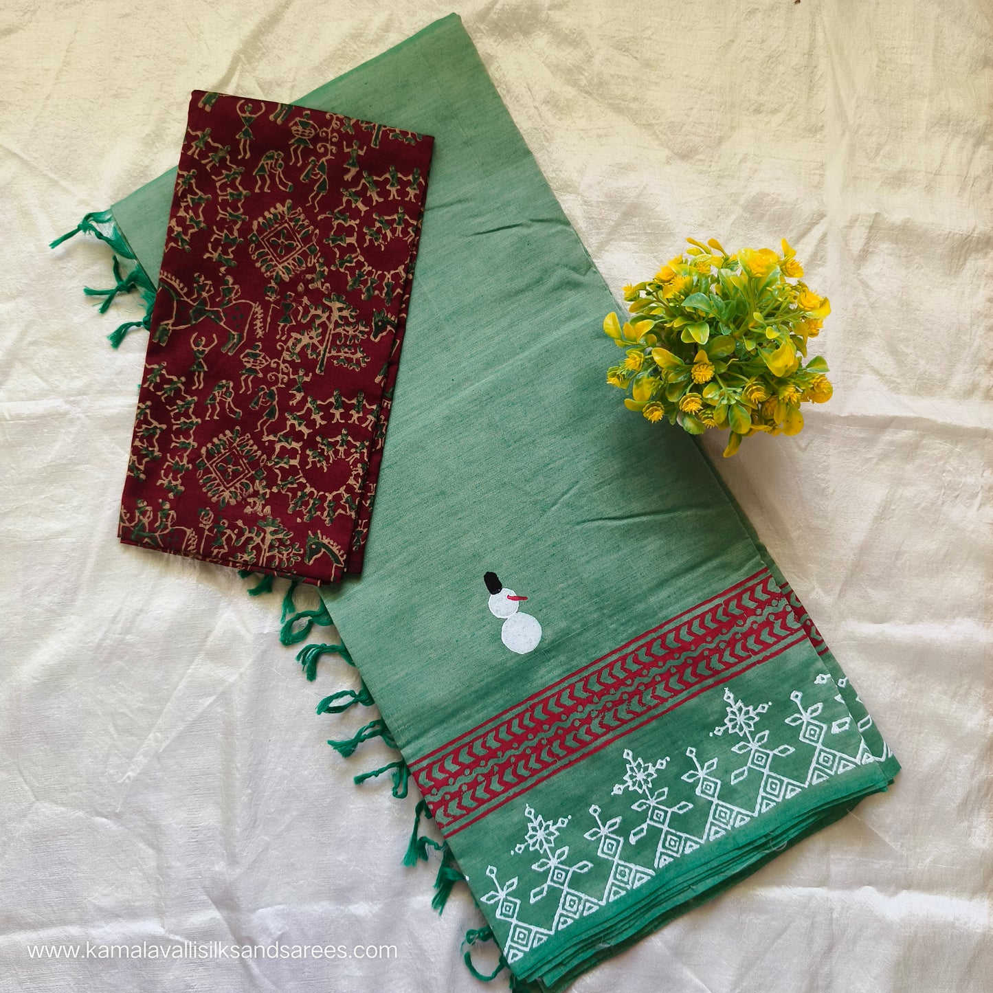 South Cotton Mix Block Printed Saree Pastel Green colour with Brown colour blouse