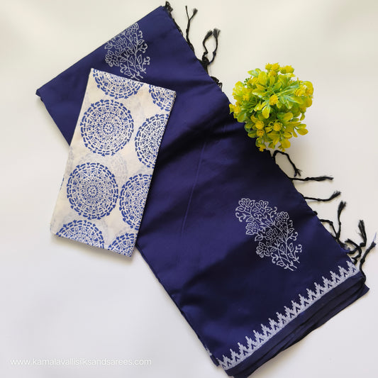 South Cotton Mix Block Printed Saree Blue colour with White and Blue colour blouse