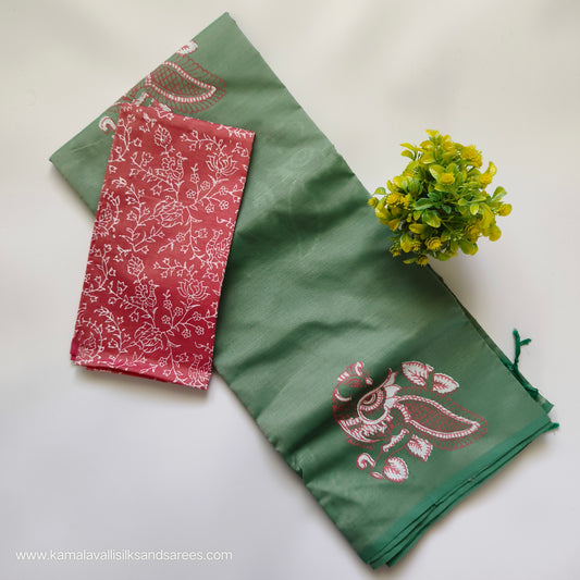 South Cotton Mix Block Printed Saree Pastel Green colour with Pinkish Red colour blouse