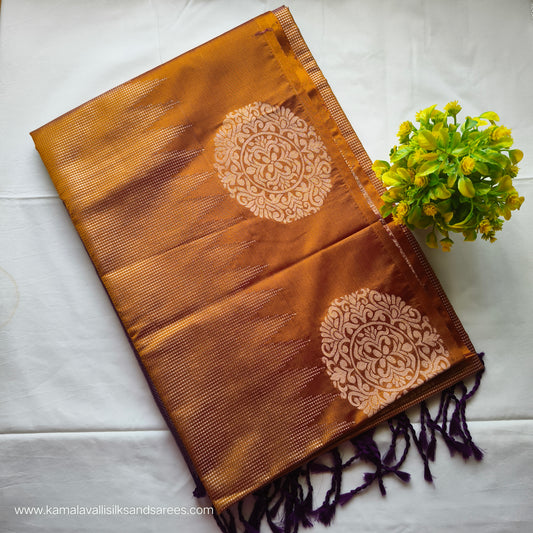 Semi Soft Silk Saree Golden Colour with Violet Colour Pallu
