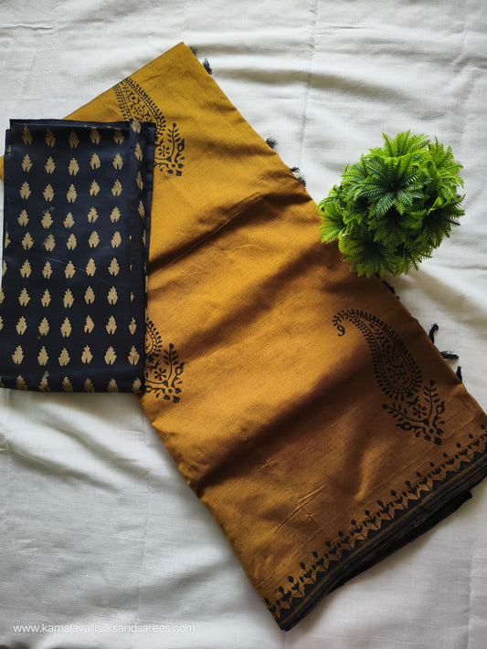 South Cotton Mix hand Block Printed Saree with Black colour blouse
