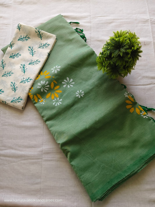 South Cotton Mix Block Printed Saree Pastel Green colour with white and green colour blouse