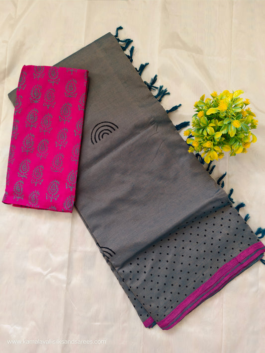 South Cotton Mix Block Printed Saree Grey colour with Rose colour contrast blouse