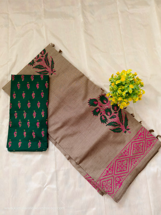South Cotton Mix Block Printed Saree Cinerious colour with Green colour contrast blouse