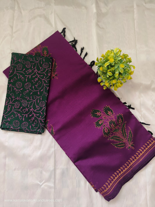 South Cotton Mix Block Printed Saree deep Violet colour with Green colour blouse