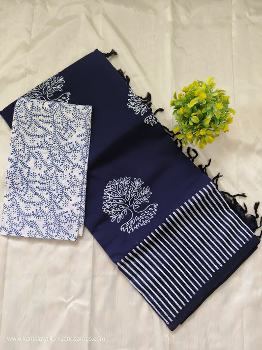 South Cotton Mix Block Printed Saree Blue colour with White and Blue colour blouse