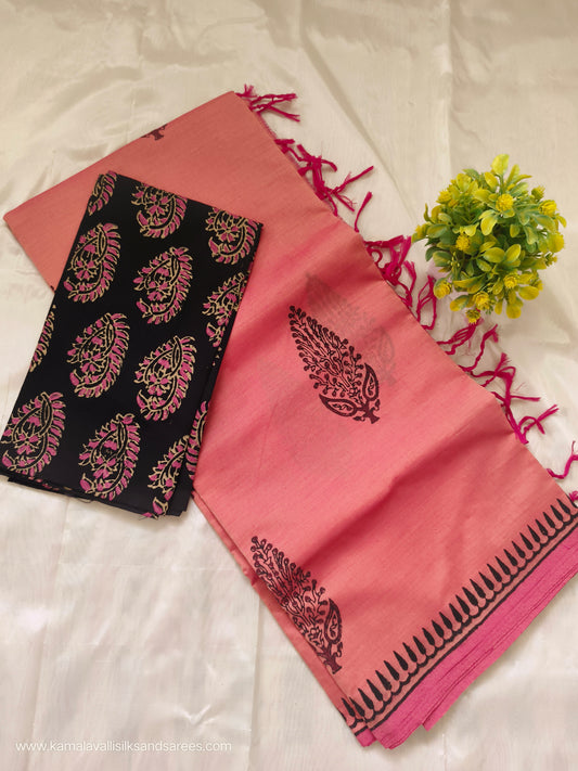 South Cotton Mix hand Block Printed Saree Orange colour with Black colour blouse