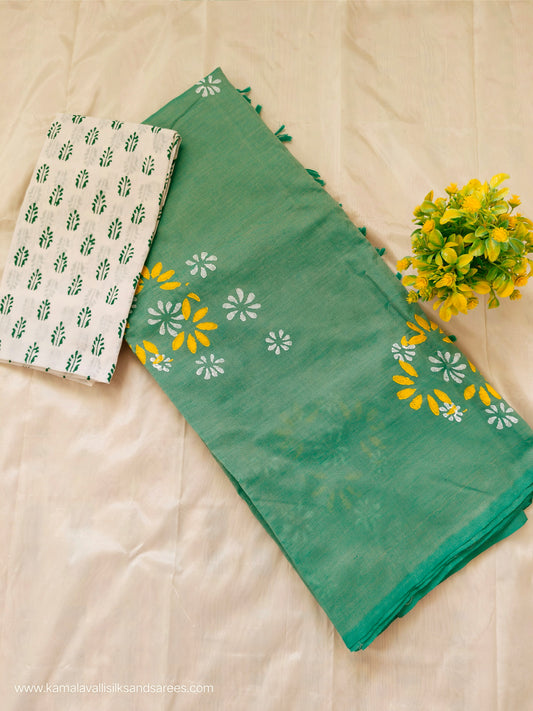 South Cotton Mix Block Printed Saree Pastel Green colour with white and green colour blouse