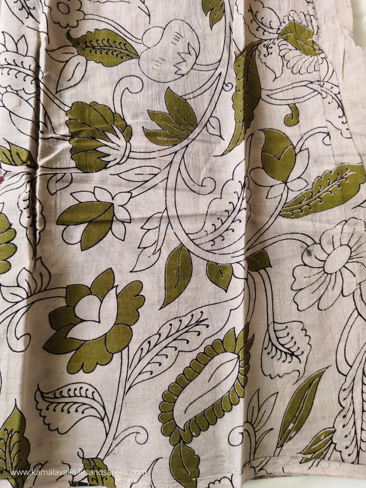 Kalamkari Cotton Saree Half White with green and maroon Colour