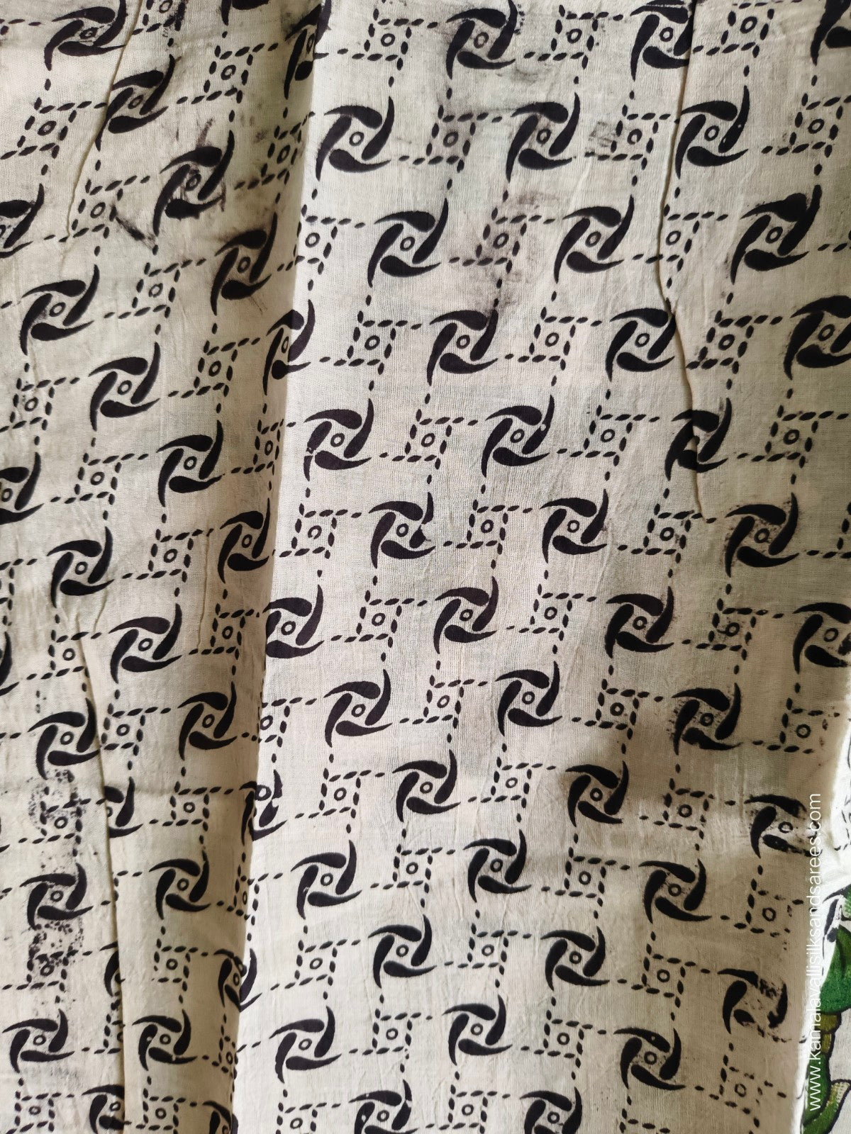 Kalamkari Cotton Saree Half White and Green Colour