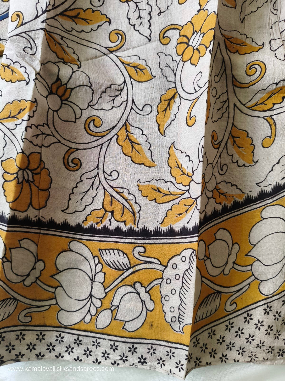 Kalamkari Cotton Saree half white with yellow and blue Colour