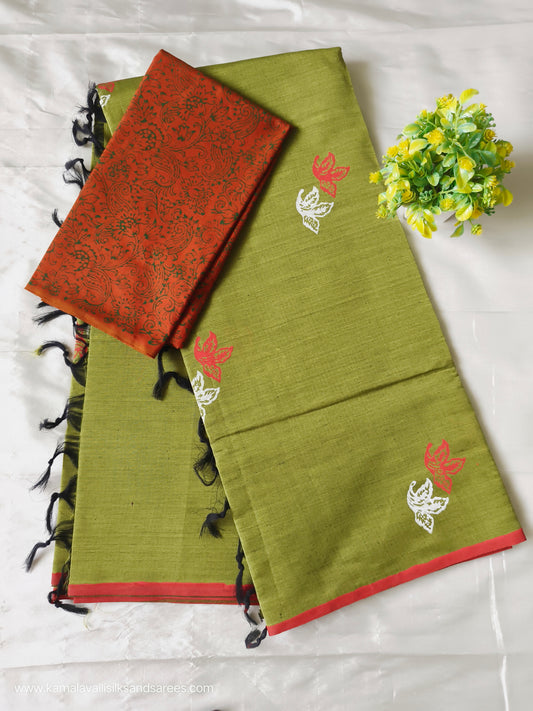 South Cotton Mix Block Printed Saree Green colour with Orange colour contrast blouse