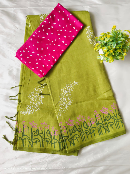 South Cotton Mix Block Printed Saree Green colour with Rose colour contrast blouse