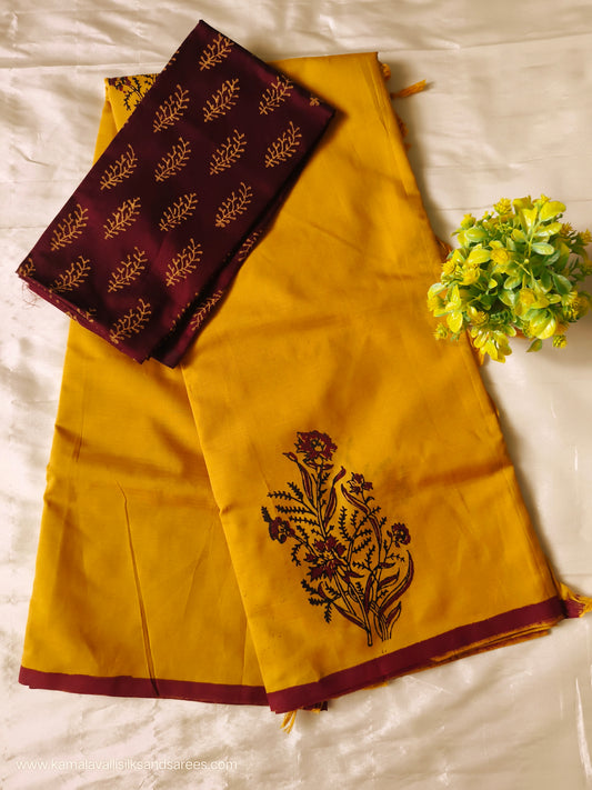 South Cotton Mix Block Printed Saree Yellow colour with Brown colour contrast blouse