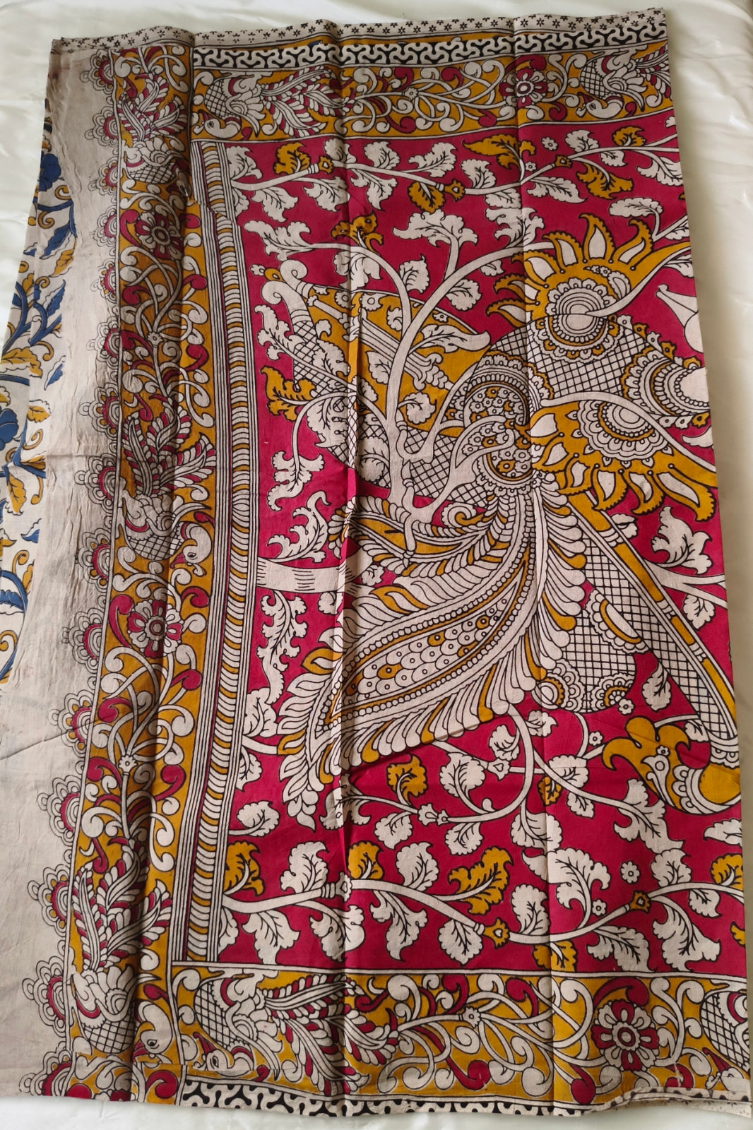 Kalamkari Cotton Saree half white with yellow and blue Colour