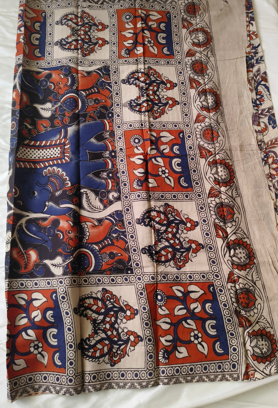 Kalamkari Cotton Saree multi Colour Blue and Orange