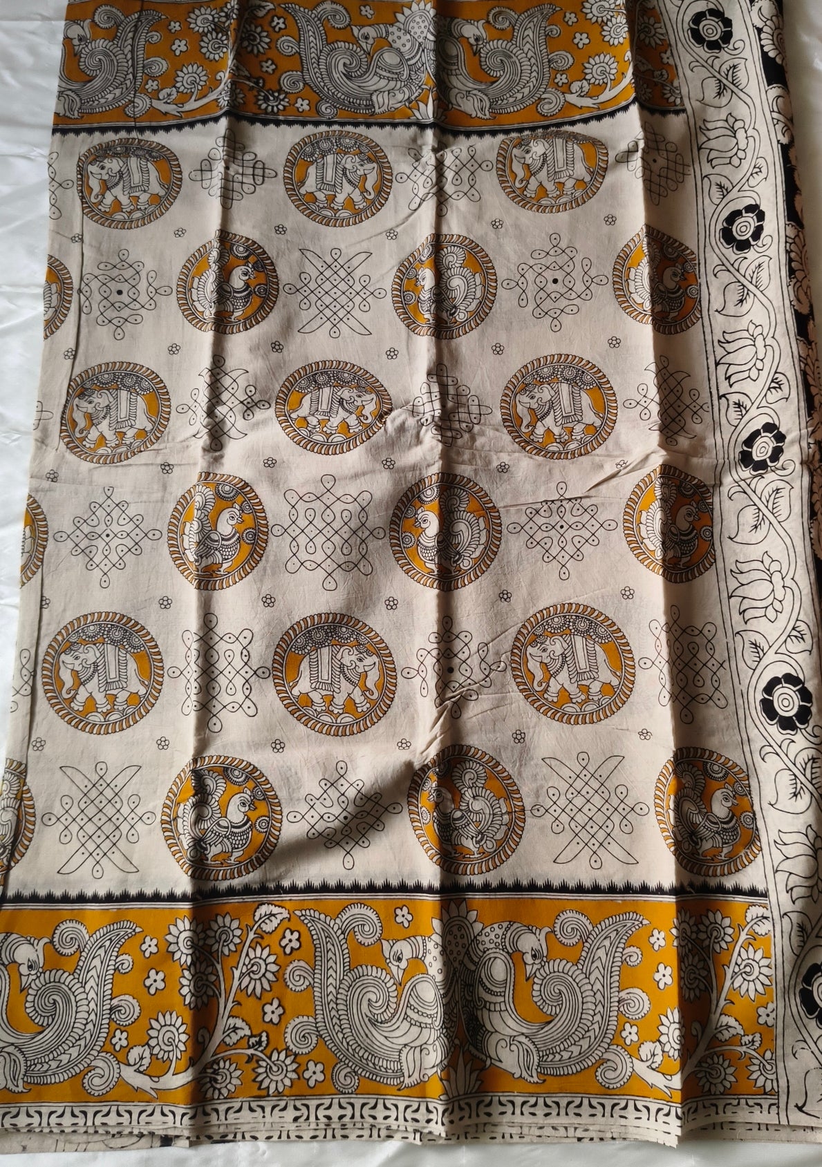 Kalamkari Cotton Saree half white and mustard Colour