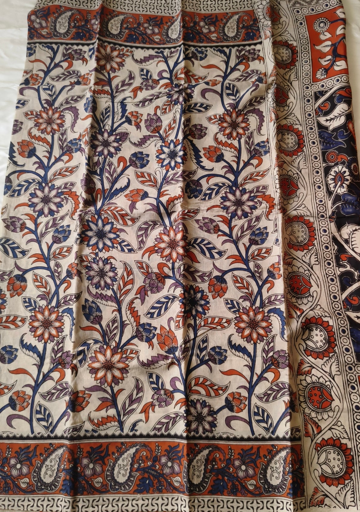 Kalamkari Cotton Saree multi Colour Blue and Orange