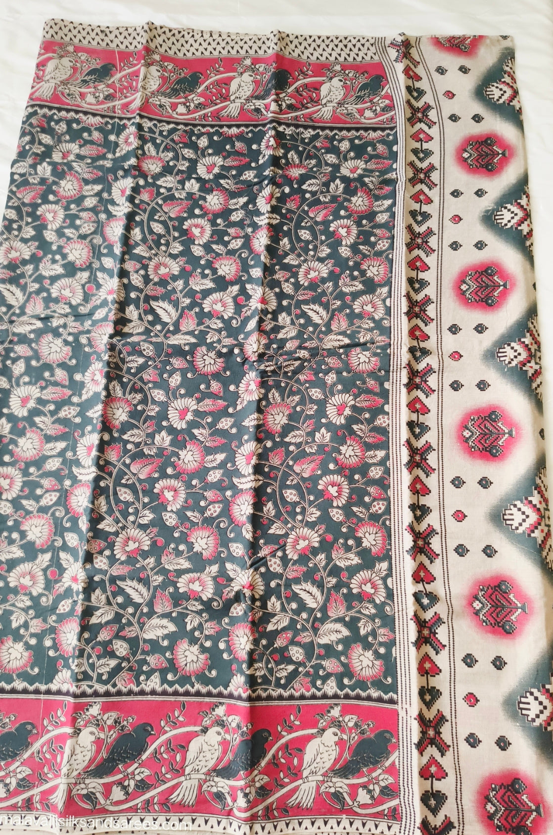 Kalamkari Cotton Saree bottle Green Colour