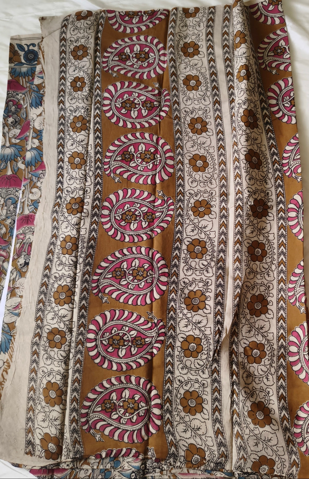 Kalamkari Cotton Saree Mustard, Blue and Pink Colour