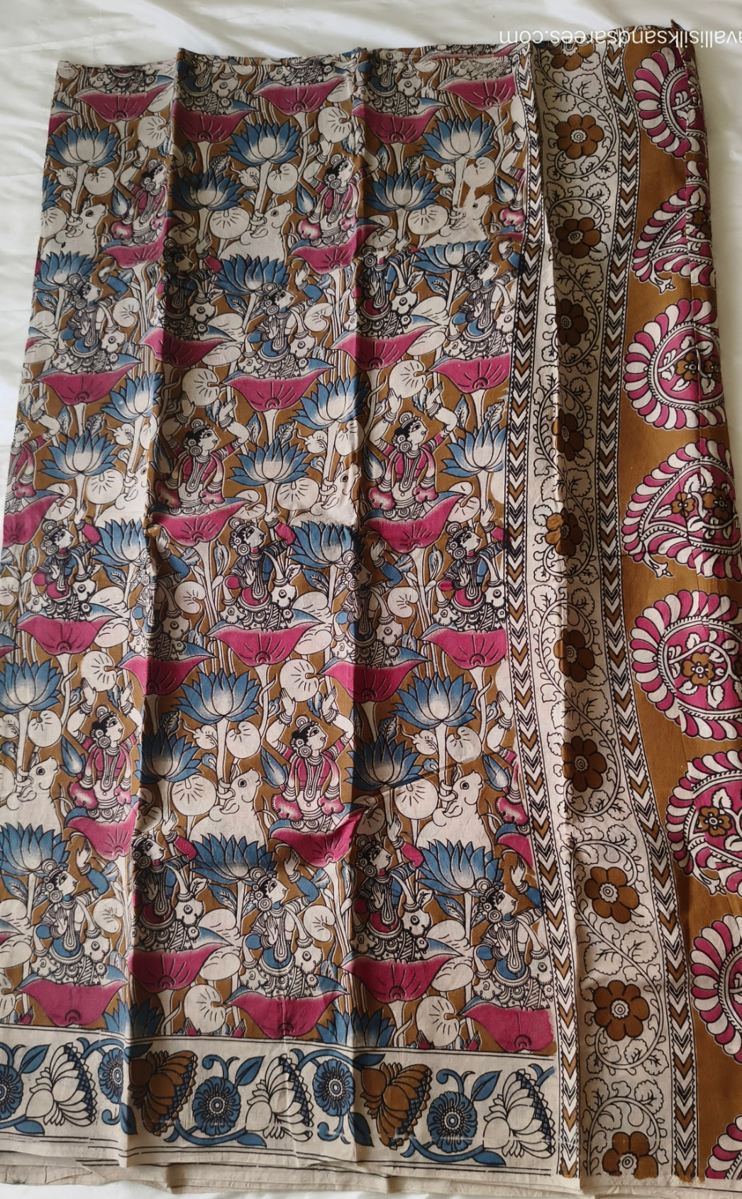 Kalamkari Cotton Saree Mustard, Blue and Pink Colour