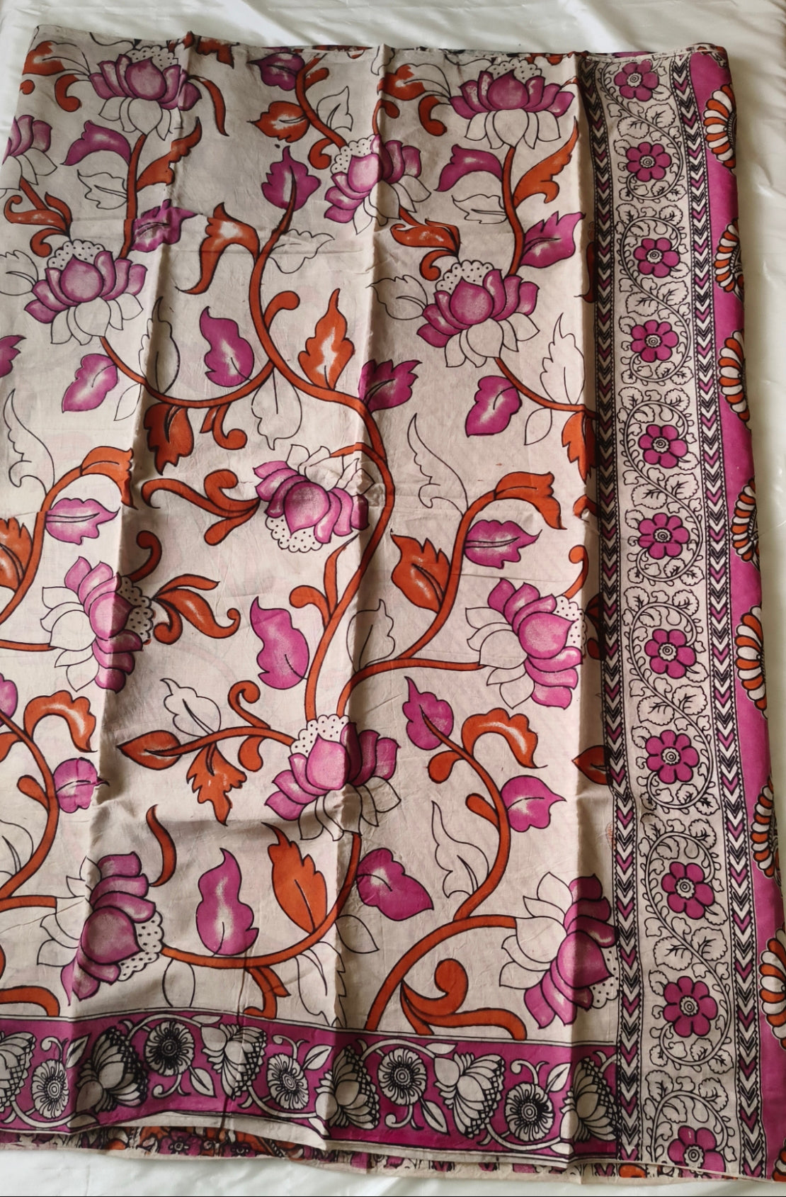 Kalamkari Cotton Saree Sandal with Orange and Pink Colour