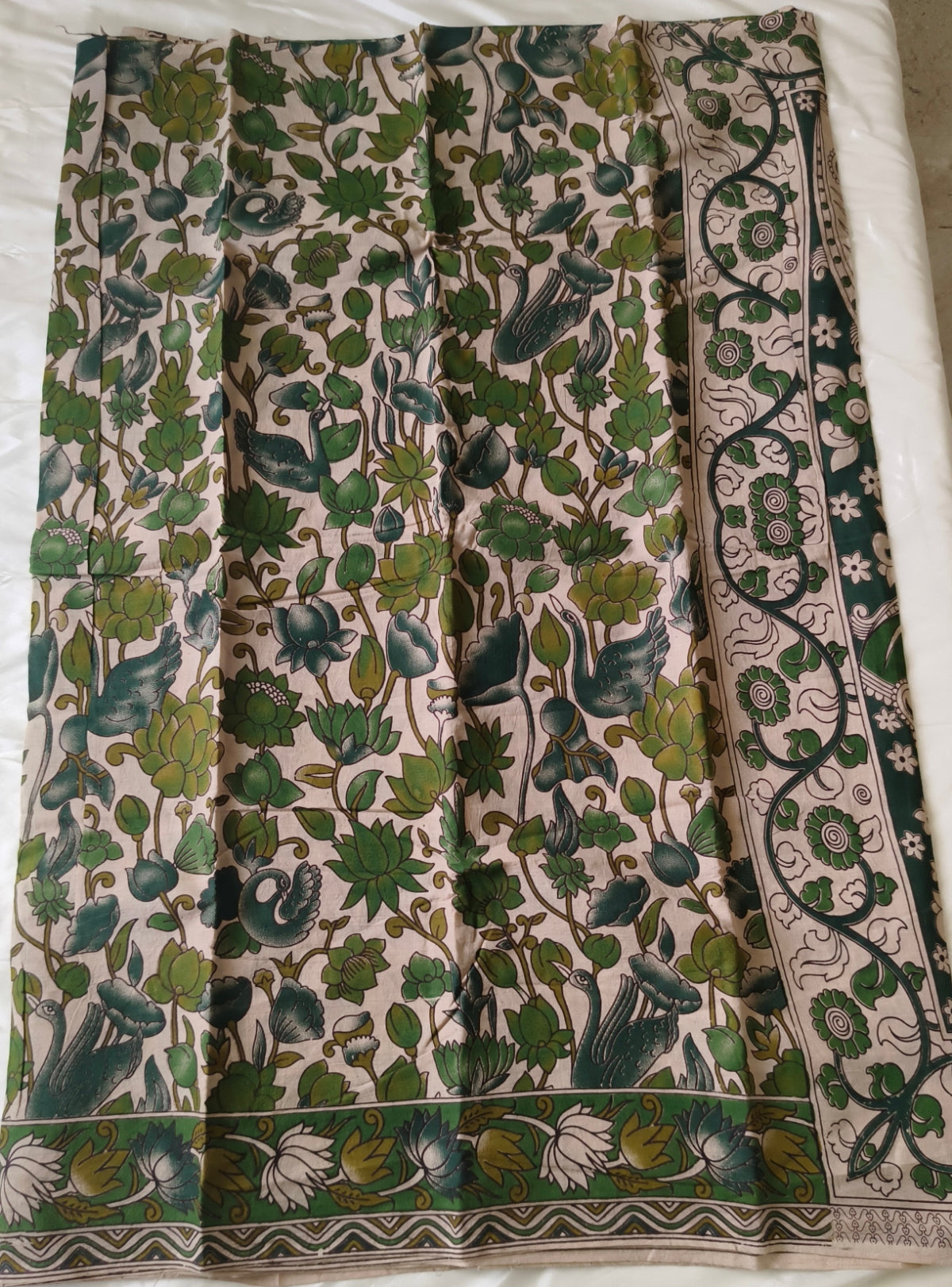 Kalamkari Cotton Saree Half White and Green Colour