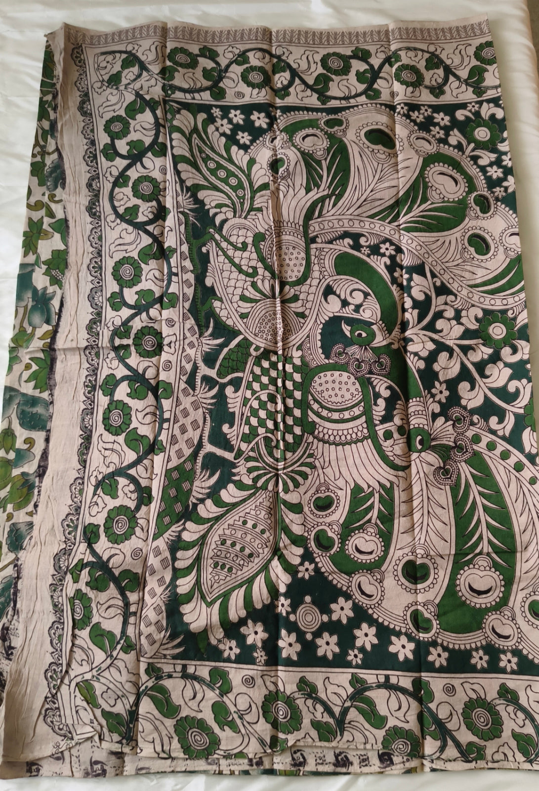 Kalamkari Cotton Saree Half White and Green Colour