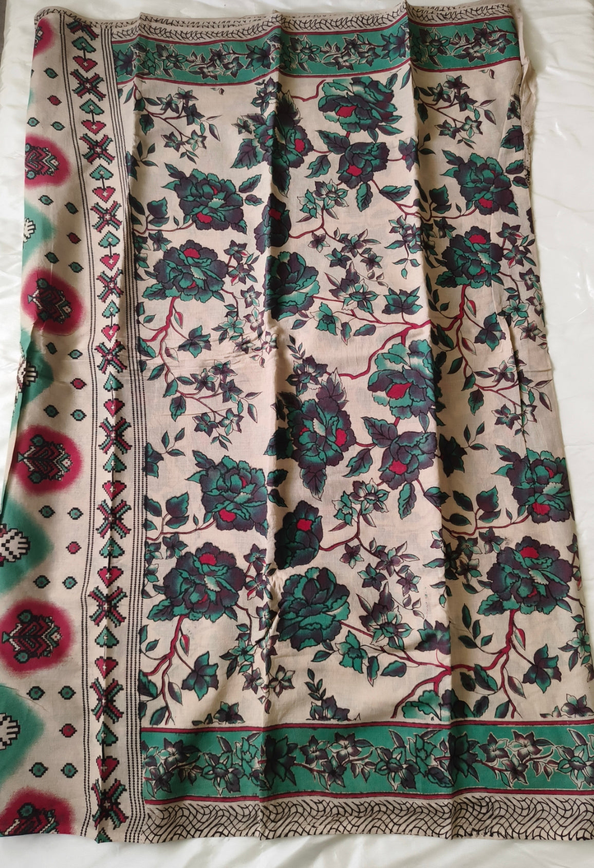 Kalamkari Cotton Saree Half White Colour and Green colour