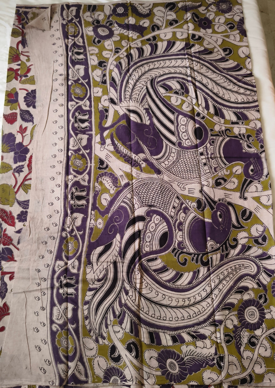 Kalamkari Cotton Saree Half White with green and maroon Colour