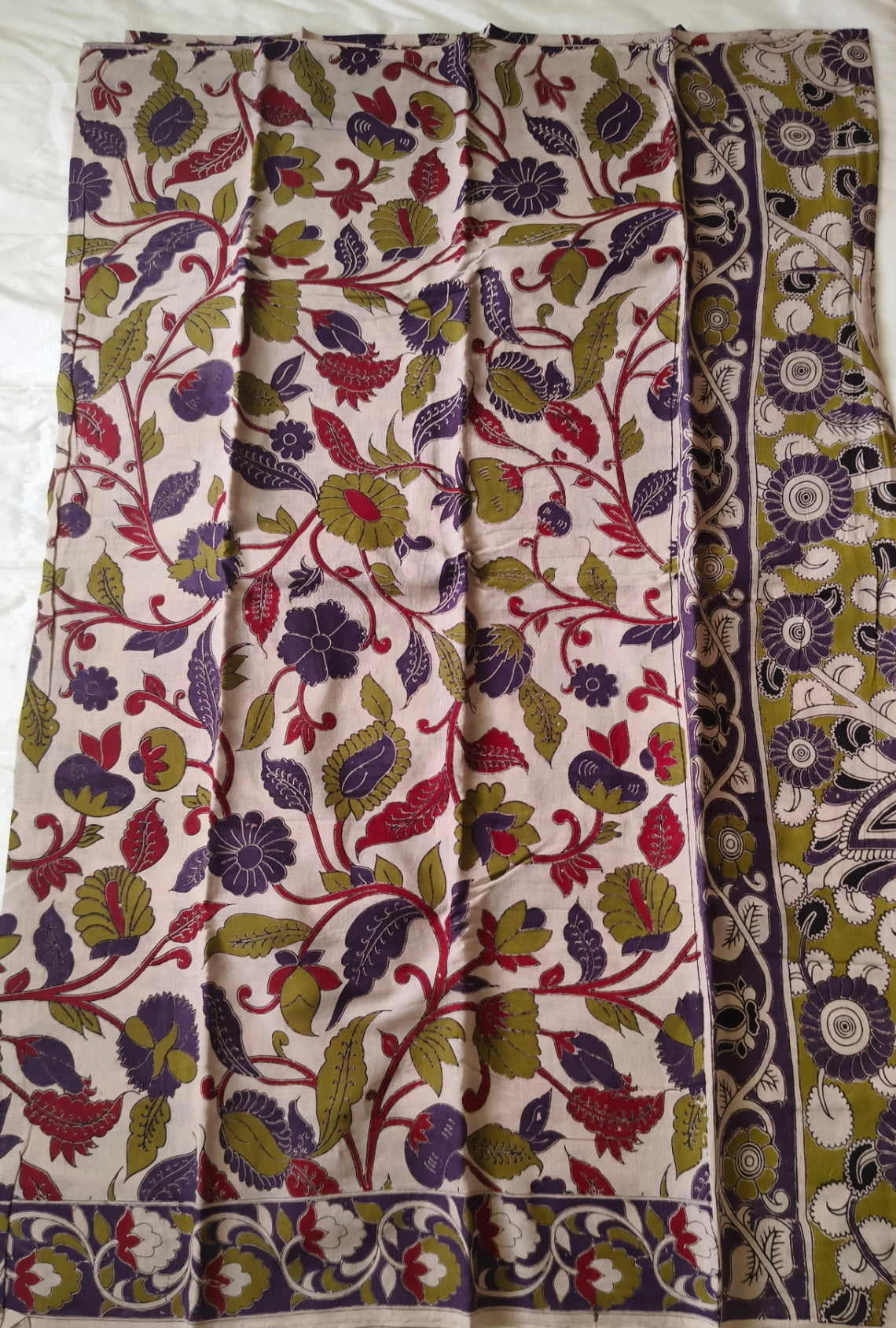 Kalamkari Cotton Saree Half White with green and maroon Colour