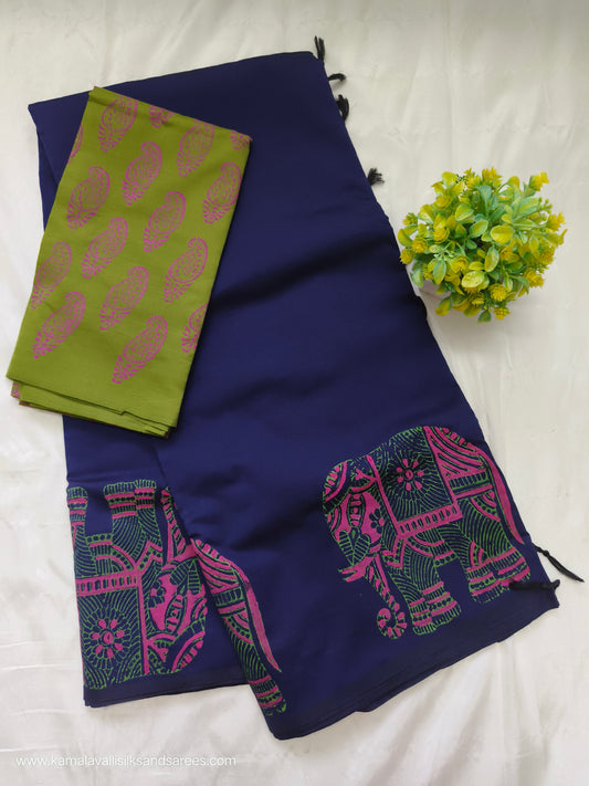 South Cotton Mix Block Printed Saree Blue Colour with Green colour contrast blouse