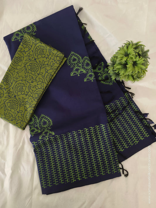 South Cotton Mix Block Printed Saree Blue Colour with Green colour contrast blouse