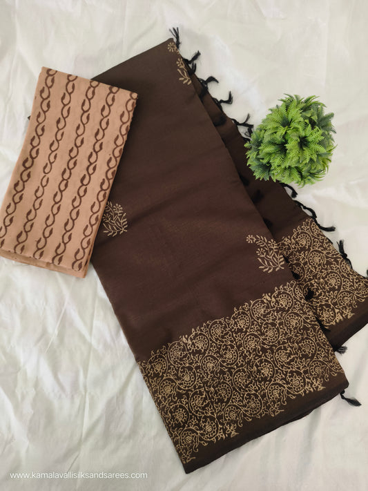 South Cotton Mix Block Printed Saree Coffee Brown Colour with Beige colour contrast blouse