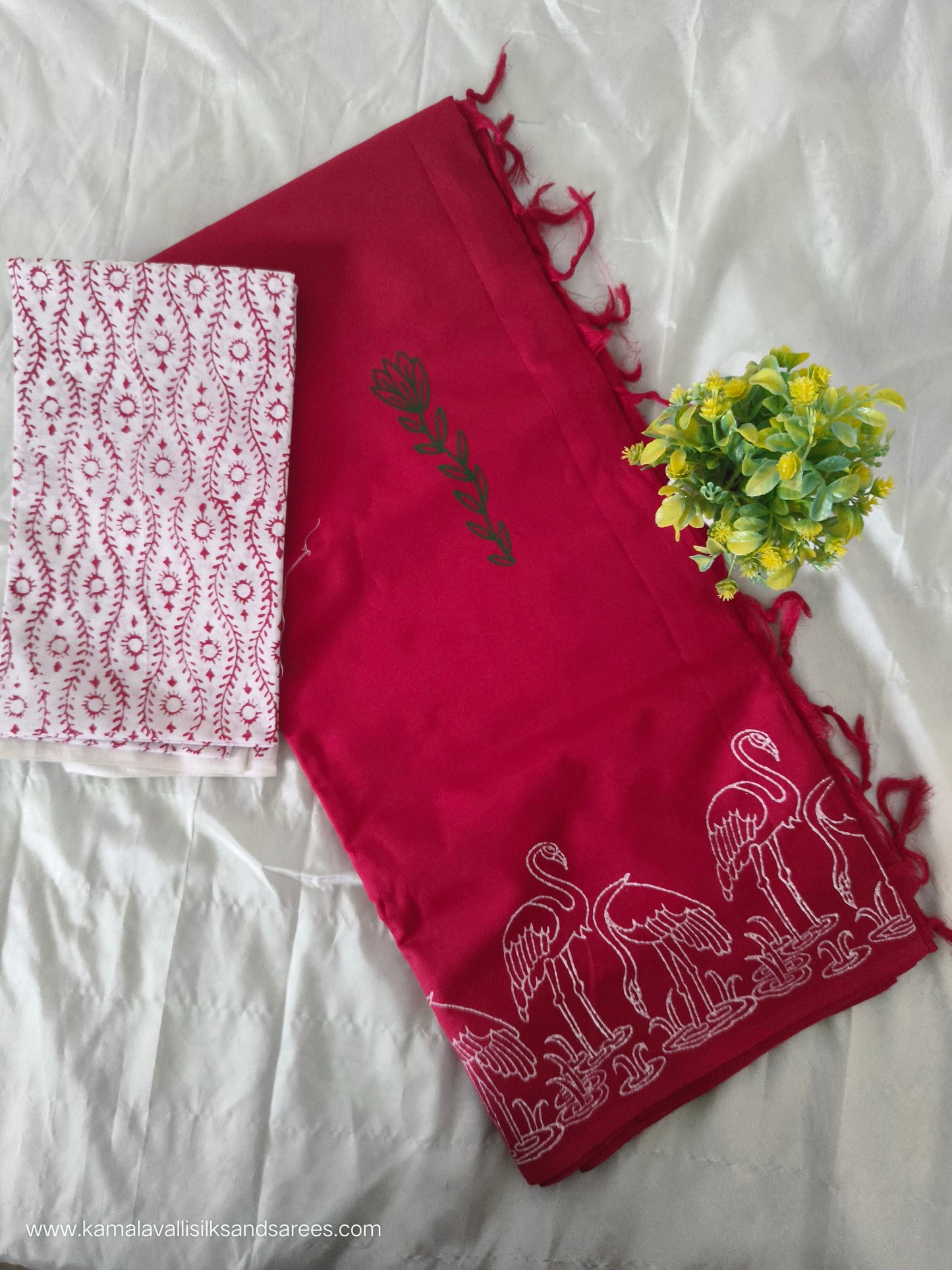 South Cotton Mix Block Printed Saree Red colour with white colour contrast blouse