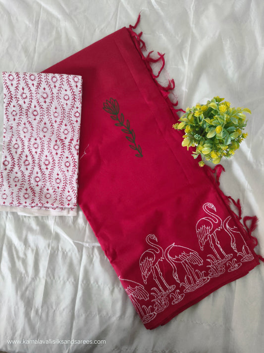 South Cotton Mix Block Printed Saree Red colour with white colour contrast blouse