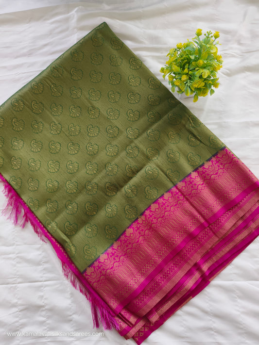 Semi Banarasi Saree Green colour with Rose colour Pallu and blouse