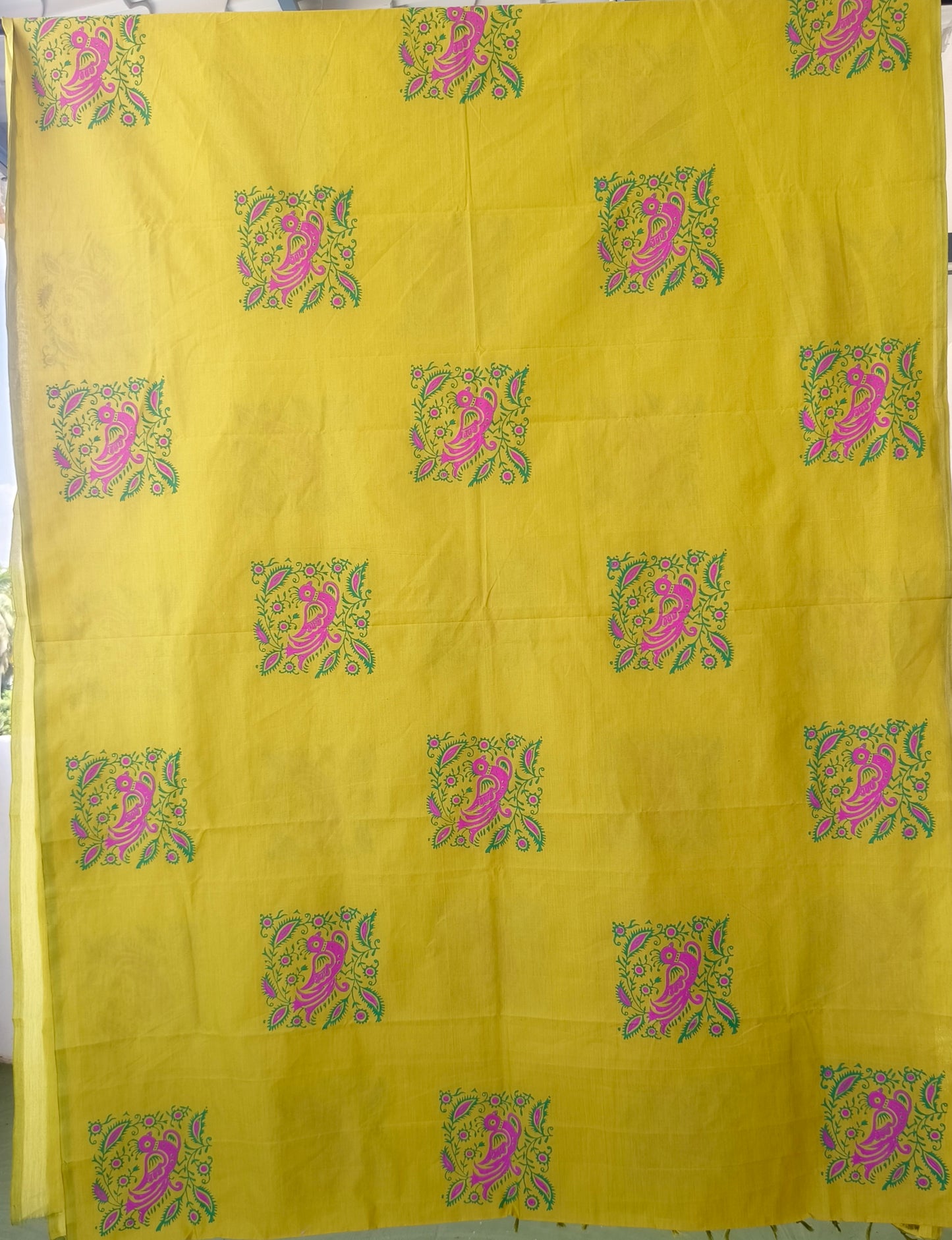 South Cotton Mix Block Printed Saree green colour with Rose Colour blouse
