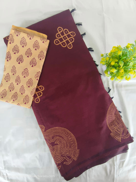 South Cotton Mix Block Printed Saree Maroon colour with additional contrast blouse